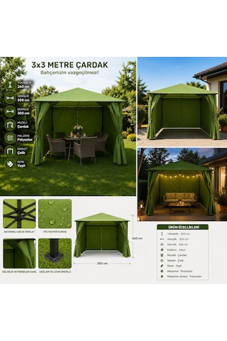 Store Gazebo 3x3 Metre Yeşil Bahçe Çardağı Çelik İskelet Polyester Kumaş Bahçe Kamelyası