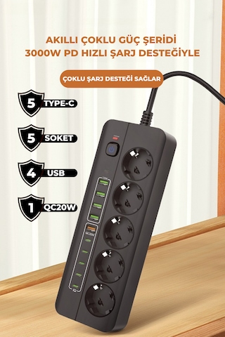 Pro P13 Siyah 3000w Akım Korumalı 5 Girişli Type-c Ve Usb Girişli Uzatmalı Grup Priz 0.2 M