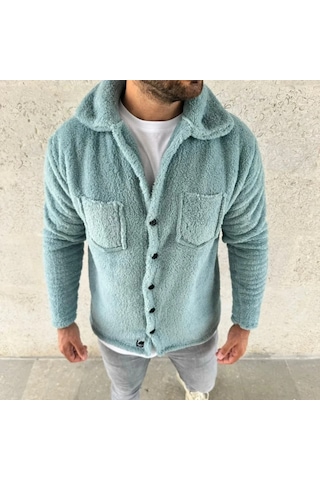 Valensdesign Erkek Pelüş Polar Hırka Gömlek Yakalı İlik Düğmeli Göğüs Cepli Yumuşak - Bebe Mavisi