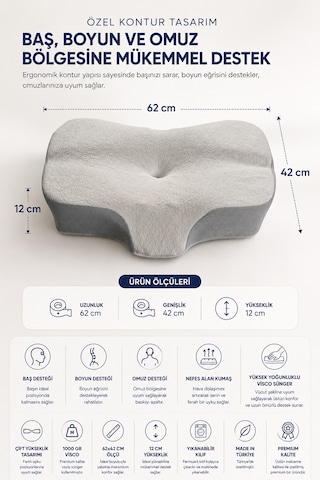 Premium Visco Yastık 62x42 Cm Boyun Destekli Ortopedik Uyku Yastığı Açık Gri