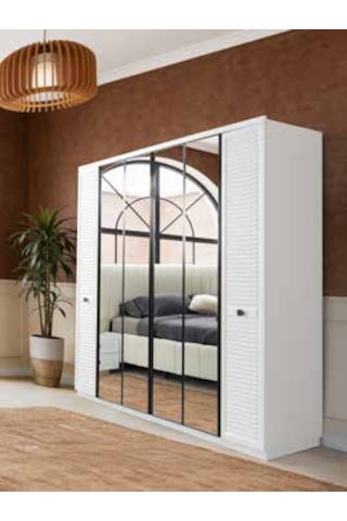 Valien Tamamı Mdf 6 Membranlı Kapaklı Reflekte Camlı Gardırop Dolap Beyaz