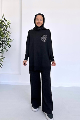 Kahijab Taşlı Cep Merserize Takım - Siyah