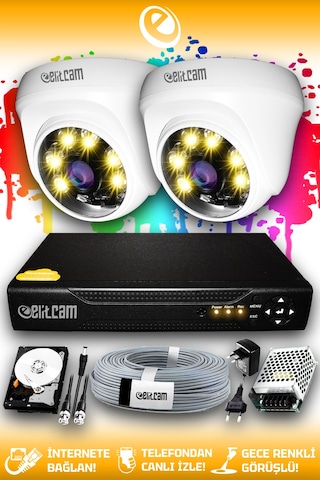Elitcam 2 Kameralı Dome 2 İç Kamera Set 250 GB HDD Full HD Renkli Gece Görüşlü Güvenlik Kamerası Sistemi