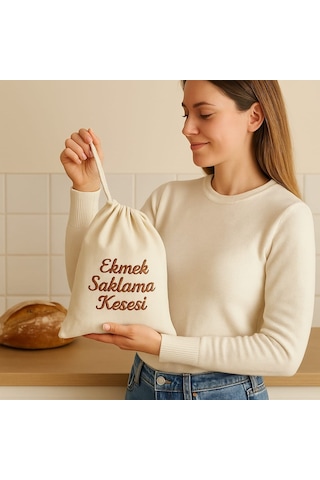 Ekmek Saklama Kesesi Müslin Nakışlı Ekru