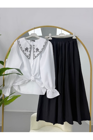 Lovie Moda Nakışlı Bebe Yaka Bluz Jakar Etekli Takım Beyaz