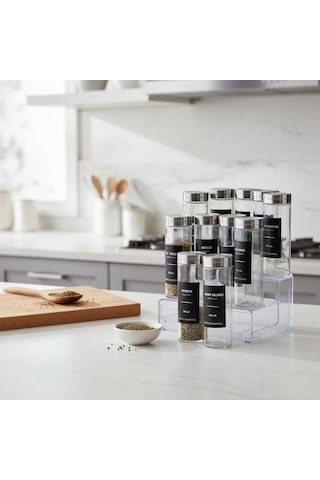 Deconox 12'li Metal Kapaklı Cam Baharatlık Seti, 80ml, 110ml Ve 170ml Boyut Seçenekli, Etiket Hediyeli Silindir Bahar Çok Renkli
