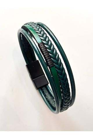 %100 Deri 4lü Kombin Yeşil Erkek Bileklik Boyut Net 20 Cm Yeşil