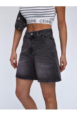 Füme Denim Mini Şort Siyah
