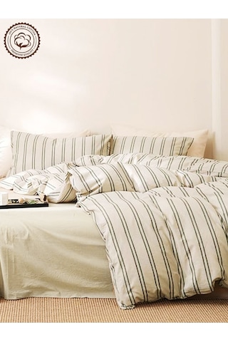 Caqqa Çizgili Naturel Striped Çocuk Ve Genç Tek Kişilik Pamuk Lastikli Nevresim Takımı