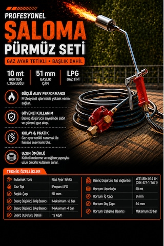 Profesyonel İzolasyon Pürmüz Şaloma Seti 51 Mm, 4 Bar, 10 Metre Hortumlu, Basınç Düşürücülü, Lpg/propan -