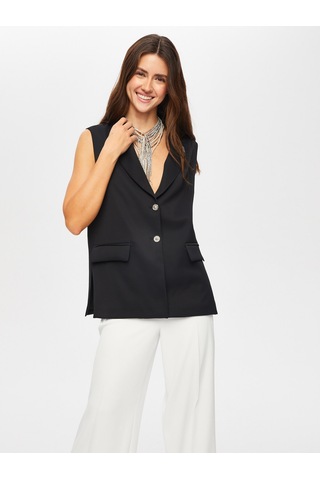 Yakası Zincir Aksesuarlı Yırtmaçlı Dokuma Yelek 002 Us25ylk00210 Siyah