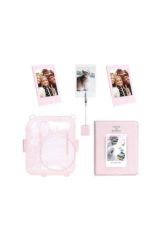 Instax Mini 12 Simli Şeffaf Pembe Kılıf Pvc 64'lü Albüm Ve Fotoğraf Çerçeveleri Aksesuar Seti