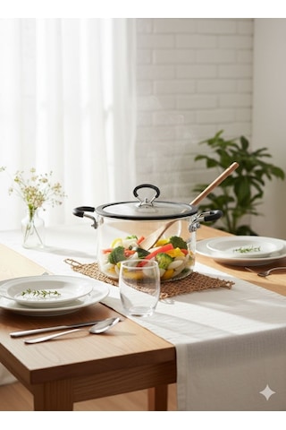 Qerhome Borosilikat Cam Siyah Silikon Detaylı Cam Tencere 3500 Ml 3,5 Lt Ttk Şeffaf