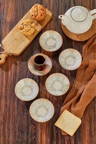 Cooker 6'lı Desenli Porselen Çay Tabağı Bej