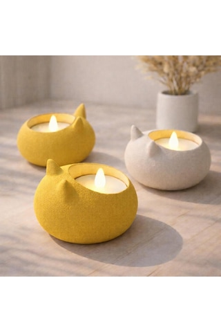 Modern Tasarım 3'lü Tealight Seti: Mat Dokulu Kedi