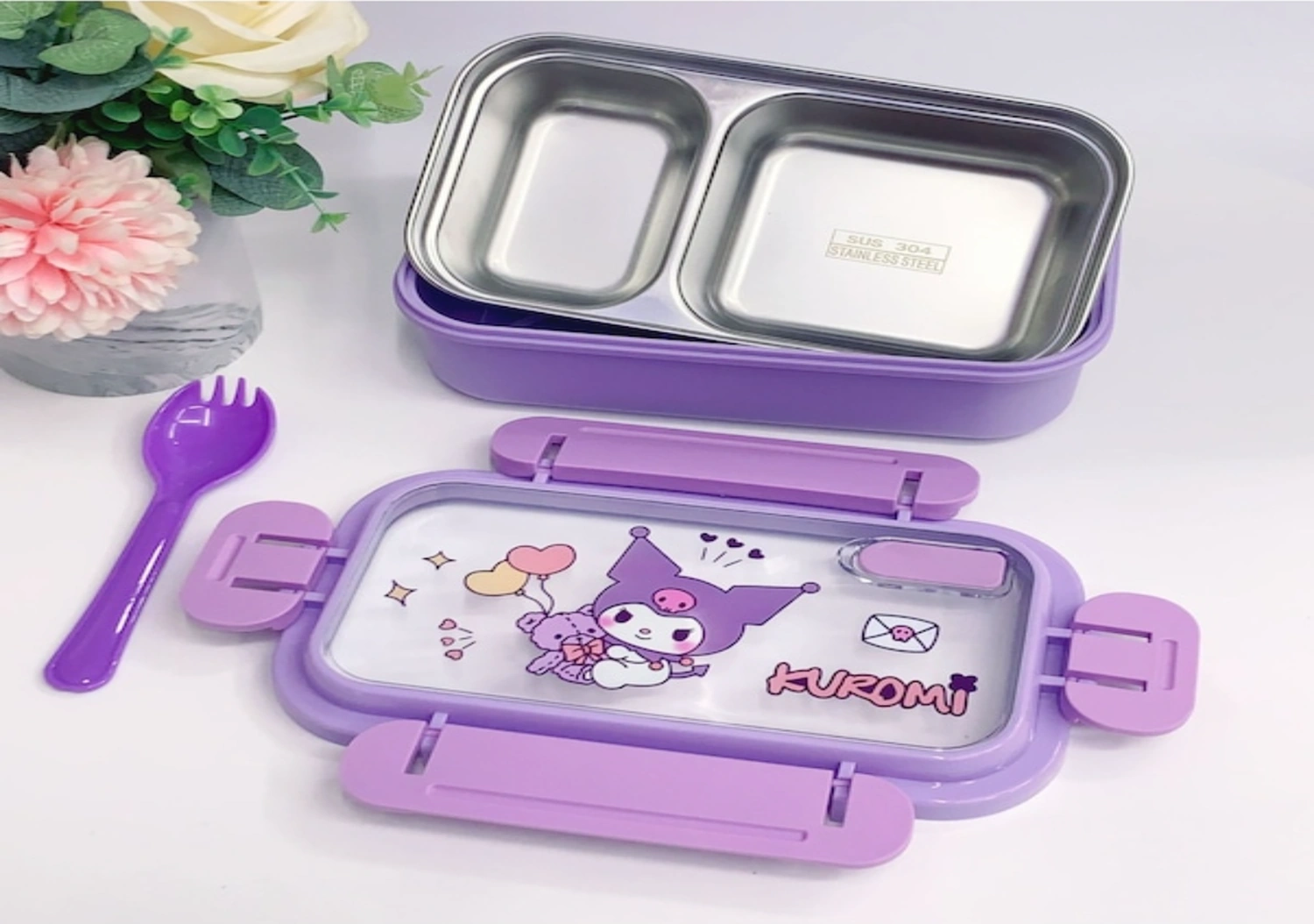 Moveevo Kızaklı 304 Çelik Isı Saklama Çanta, 750ml Çocuk Bento Kutusu, Renkli Kartun Desenli Öğrenci Öğle Yemeği Kutusu Mor