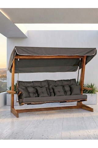 Luna Deluxe 2600 Iroko Beş Kişilik Yatak Olma Ve Ayak Uzatma Sehpalı Ahşap Bahçe Salıncağı Antrasit Minder Seti Dahil Antrasit