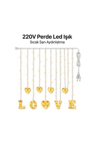 3 Metre Perde Led Işık - 8 Modlu Kalp Ve Love Figürlü Dekoratif Animasyonlu Led Renkli
