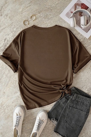 Unisex Kedi Baskılı Oversize Tshirt Kahverengi