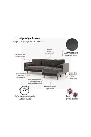 Ürgüp Modern Köşe Koltuk Takımı - Antrasit - Sağ Köşe-baby Face Yumuşak Kumaş Antrasit