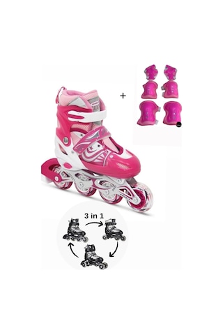 Işıklı Çocuk Pateni Silikon Ayarlanabilir Teker Metal Gövde Numaralı Ve Koruma Seti Pembe