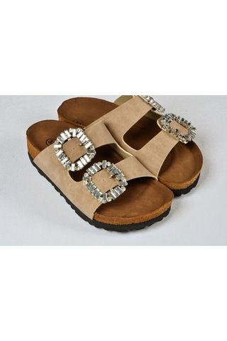 Kız Çocuk Mantar Tabanlı Çift Tokalı Ortopedik Birkeen Arizona Taşlı Terlik Bej