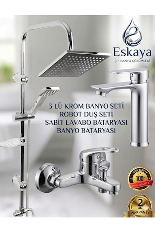 Eshome 3'lü Banyo Seti Krom Robot Duş Seti, Banyo Bataryası Ve Sabit Lavabo Bataryası - 3'lü Batarya Seti