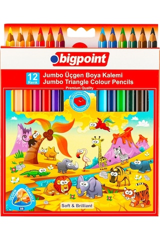 Bigpoint Jumbo Üçgen Kuru Boya Kalemi 12 Renk 12'li Stand