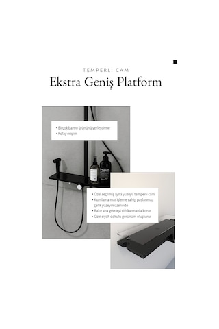 Zift Unique Premium Siyah Duş Sistemi Seti - 4 Fonksiyonlu Yağmur Duş Başlığı, Temperli Cam Raf, Masajlı El Duşu Siyah