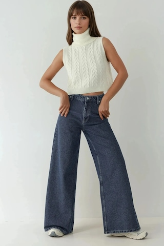 Hiccup Yüksek Bel Geniş Bacaklı Kot Pantolon Koyu Mavi Denim