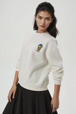 Hiccup İşlemeli Pamuklu Sweatshirt Tozlu Beyaz
