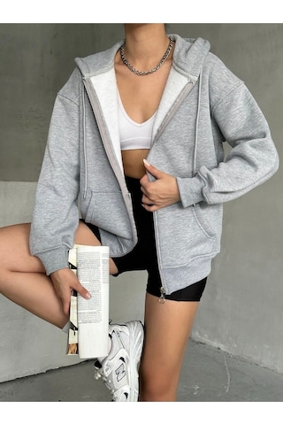 Kadın Fermuarlı Oversize Sweat Hırka Gri