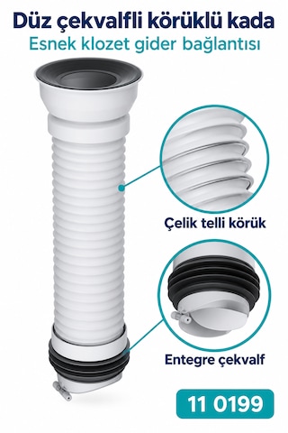 İz Yapı Düz Çekvalfli Körüklü Klozet Gider Borusu 275 500 Mm Çelik Telli Kada 11 0199 Beyaz