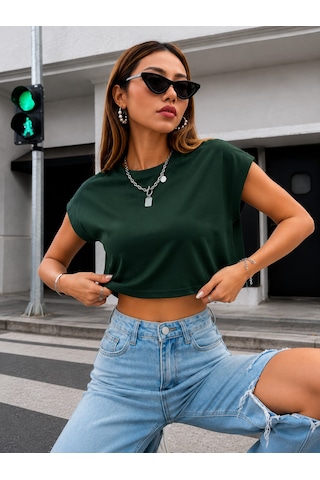 Bonnywıll Bonnywılll Bisiklet Yaka Düşük Kol Crop T-shırt Haki