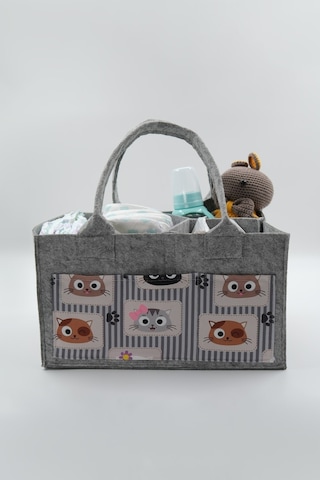 Jasper Kedi Figürlü Desenli Gri Keçe Anne Bebek Bakım Çantası Or Gri