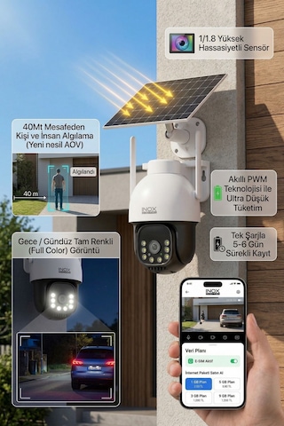 Inox-x21 4g Sım Kartlı Tek Lensli Solar Güneş Enerjili Güvenlik Kamerası - Black Light Gece Renkli Dış Mekan Kamera