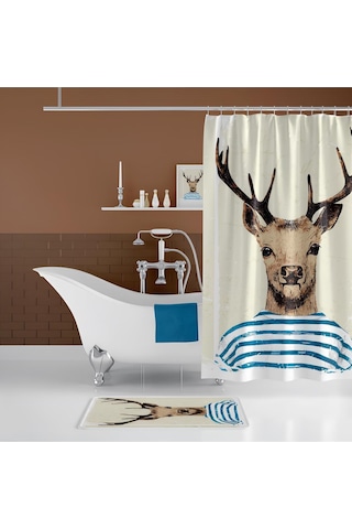 Banyo Paspas Ve Tek Kanat Duş Perdesi 1x180x200 Set Banyo Halısı Deer Karışık