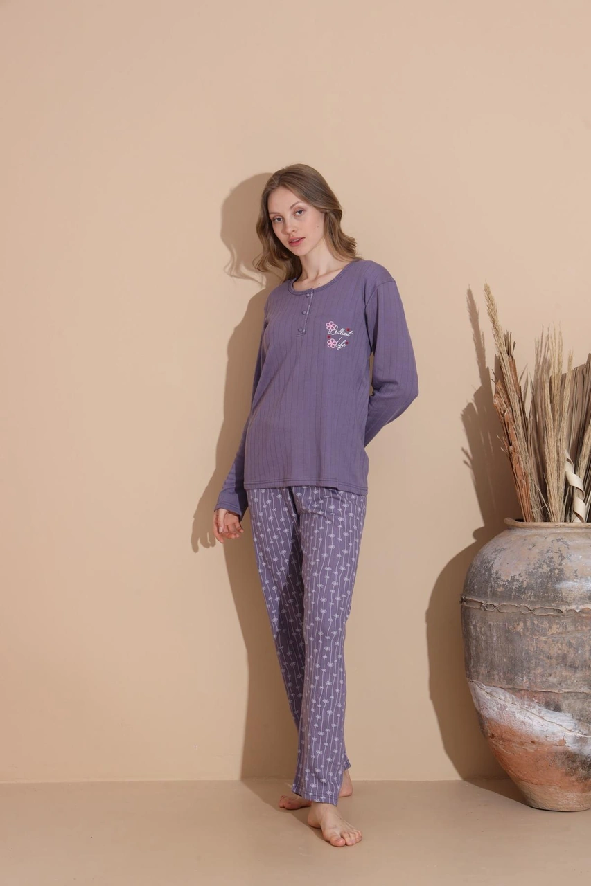 Lindros Kadın Pamuk'lu Düğme Yaka Raporlu İnterlok Kışlık Pijama Takımı 05040 - 1 Adet Mor