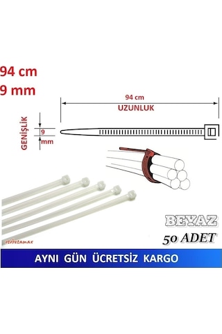 50 Adet Pemsan 94Cm X 9Mm Plastik Cırt Kelepçe Kablo Bağı N11.518