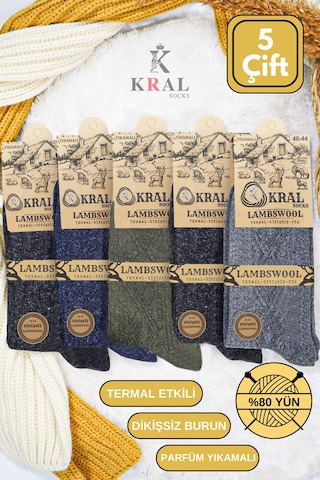 Kral Kışlık Lambswool Erkek Çorap 5 Renkli Set Çok Renkli