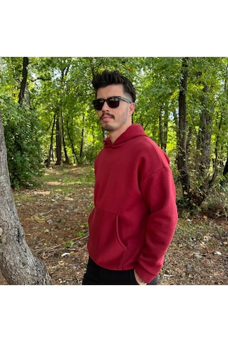 Erkek 3 İplik Basic Oversize Kanguru Cepli Kapüşonlu Sweatshirt Bordo