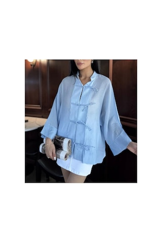 Fleurs Chic Yeni Model Geniş Kesim Kimono Gömlek Mavi