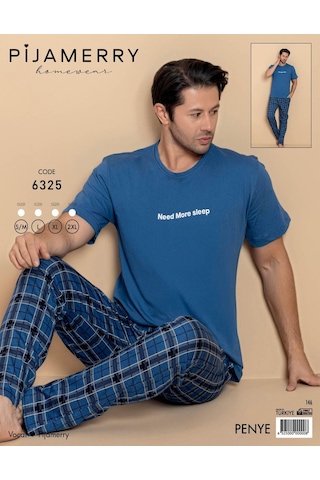 Pijamerry Erkek Bisiklet Yaka Kısa Kol Penye Pijama Takımı 6325 - 1 Adet Mavi