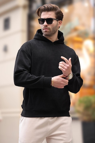 Madmext Siyah Kapüşonlu Cep Detaylı Dokulu Sweatshirt E7101 Siyah