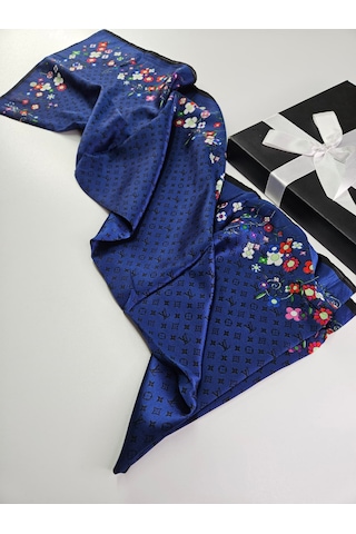 Miorel Scarfs Lv Desen Çiçekli İthal Vual İpek Şal Aksesuar Fular Silk Scarfs Shawl Hijab Lacivert