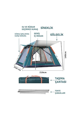 6 Kişilik Tam Otomatik Tenteli Çift Kapılı Kare Kamp Çadırı 210 X 210 X 140cm Su Geçirmez Yeşil