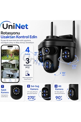 Uninet 4 Kameralı 3 Kamerası 355 Derece Dönebilen Biri Sabit Olan Wifi Güvenlik Sistemi Gece Görüşü, Çift Yönlü Ses Ve Uzaktan Izleme Özellikli Ip Ptz Kamera