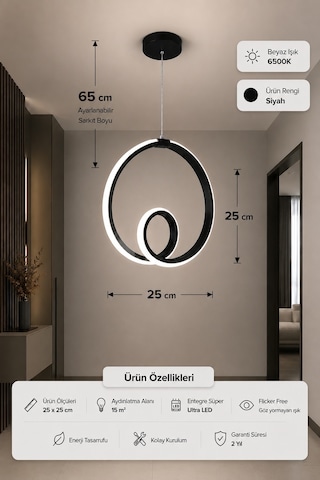 Ovira Led Sarkıt Avize Beyaz Işık Siyah