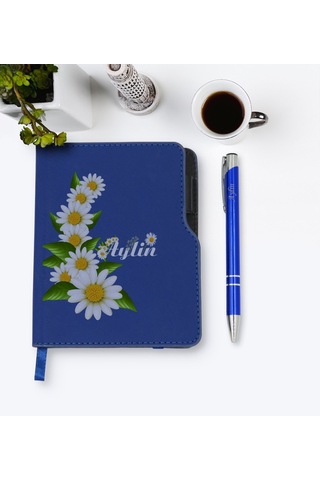Kişiye Özel Papatya Temalı Lacivert Termo Deri Defter Kalem Seti- N11.138