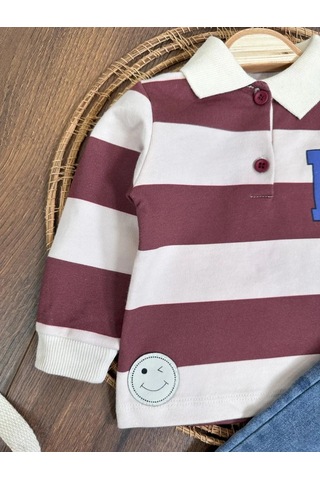 Şerit Çizgili Detaylı Likralı Polo Yaka Erkek Bebek Takım Bordo